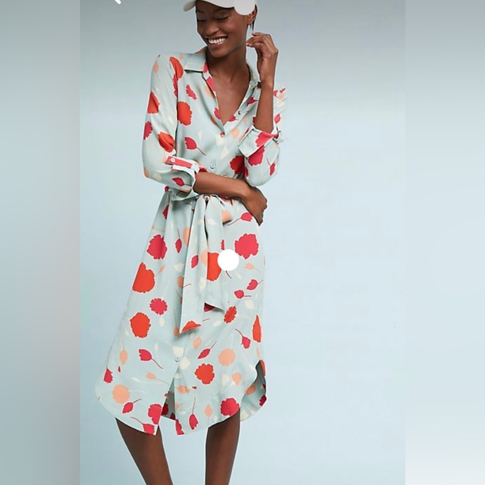 Anthropologie Mint Green Midi Shirt Dress with Red and Peach Floral Print
